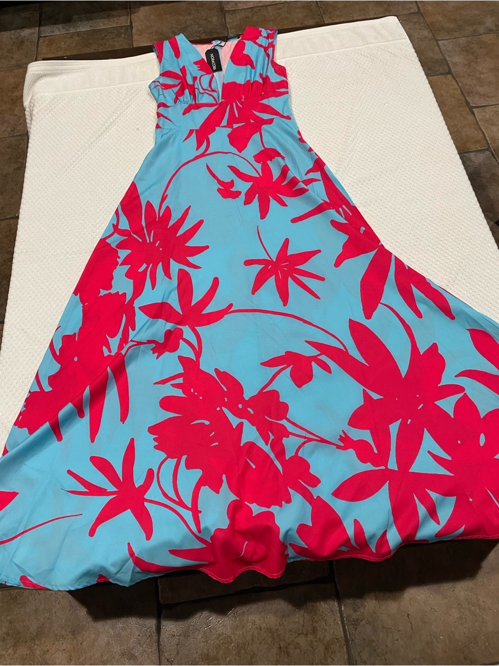 Sleeveless Maxi Dress in Turquoise with Hot Pink Floral Print